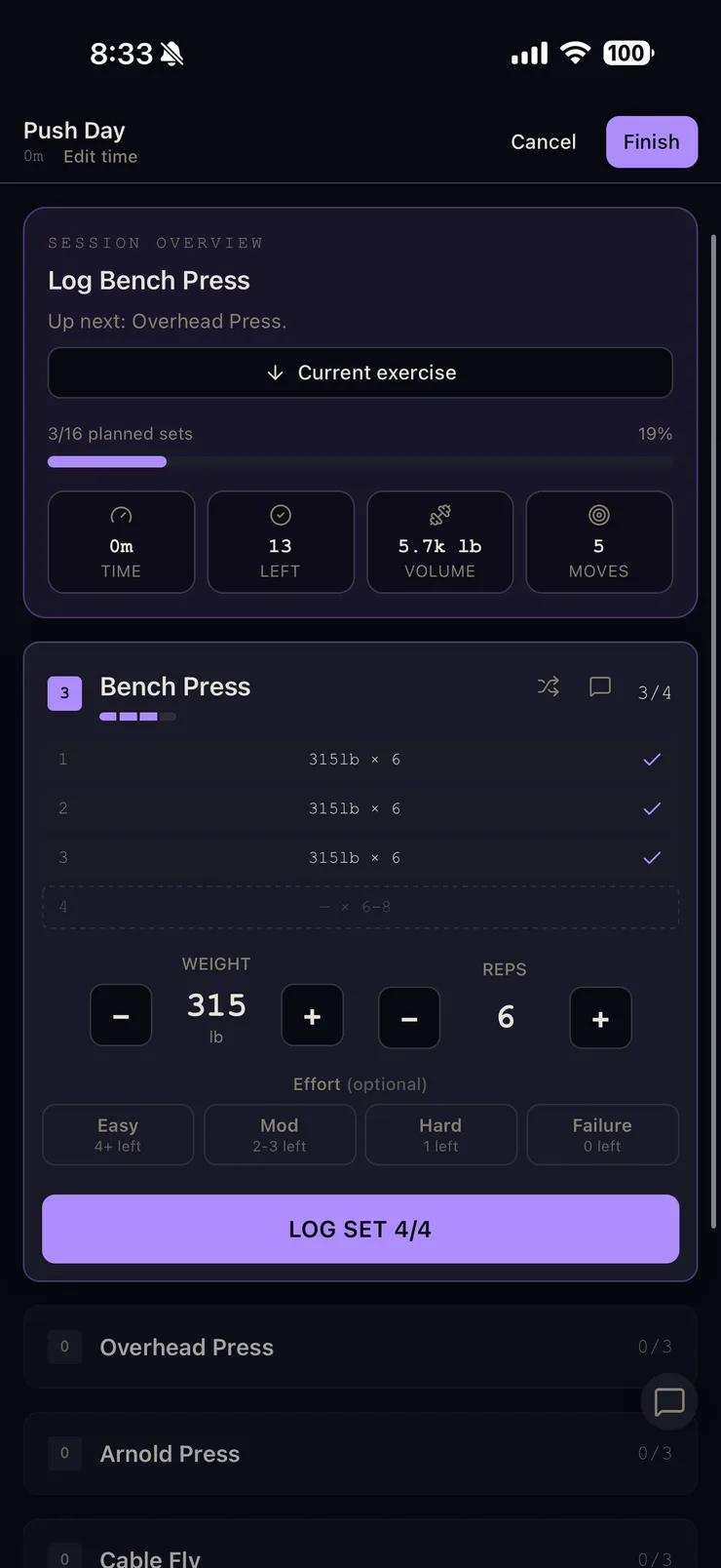 Active workout screen with logged sets in the OpenTrainer iPhone app